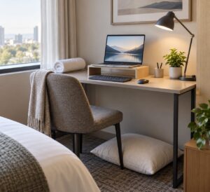how to set up an ergonomic workspace in a hotel room