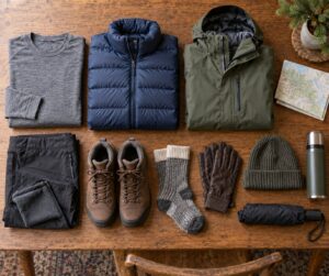 how to dress for a winter walk in a mountain town