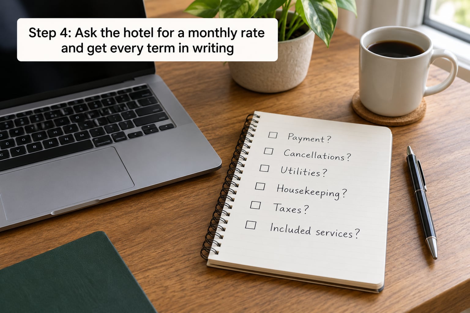 Step 4: Ask the hotel for a monthly rate and get every term in writing