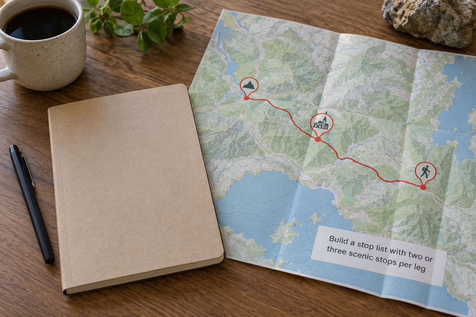 Build a stop list with two or three scenic stops per leg